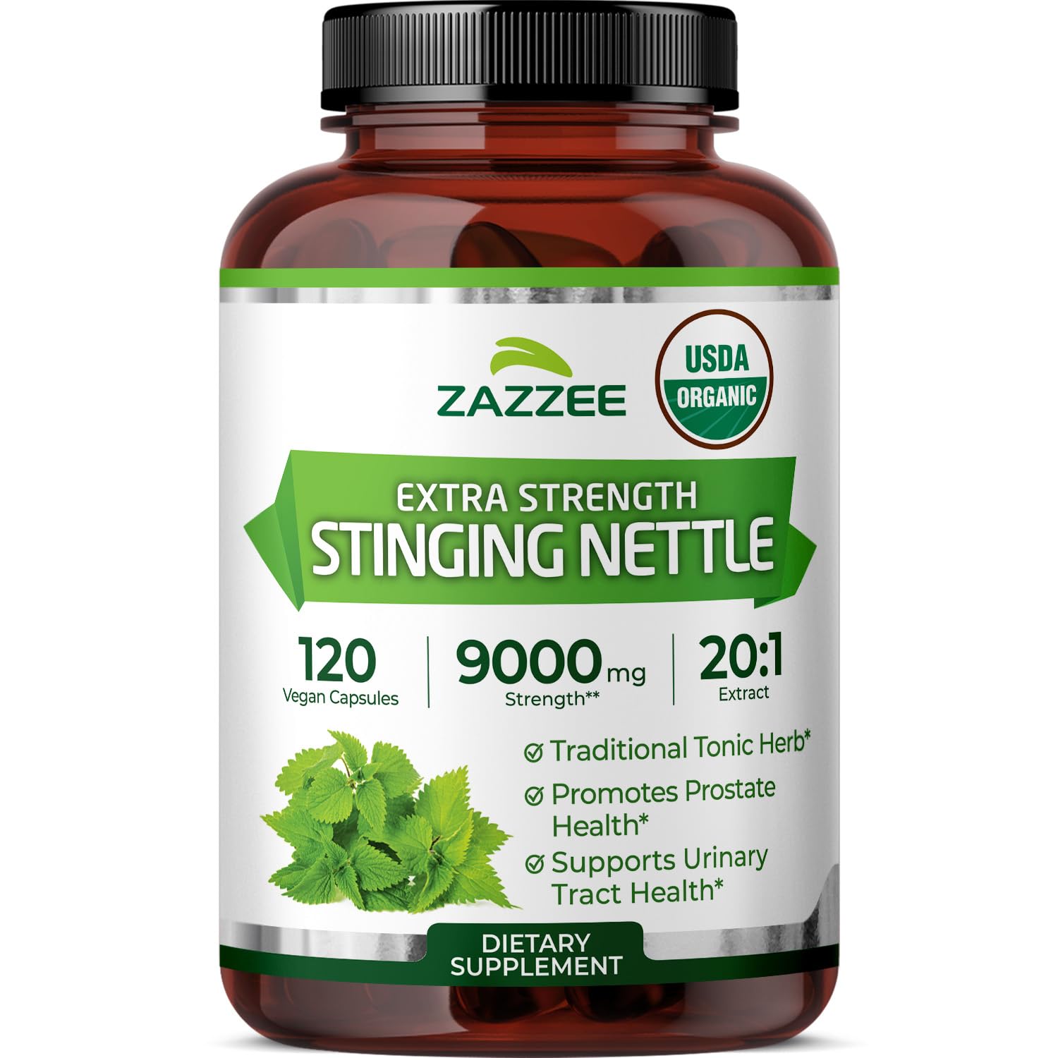 Zazzee Ortie piquante extrait 20:1 – bouteille avec étiquette biologique USDA.