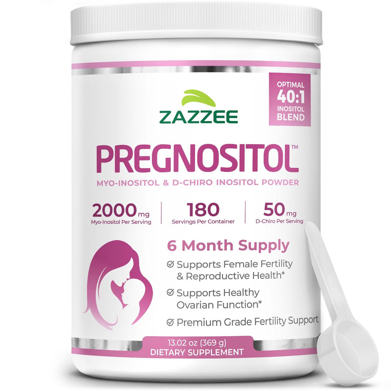Bouteille Zazzee PREGNOSITOL avec six mois d’approvisionnement pratique.