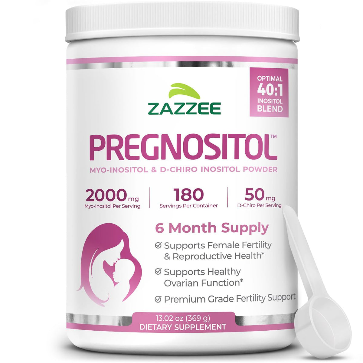 Bouteille Zazzee PREGNOSITOL avec six mois d’approvisionnement pratique.