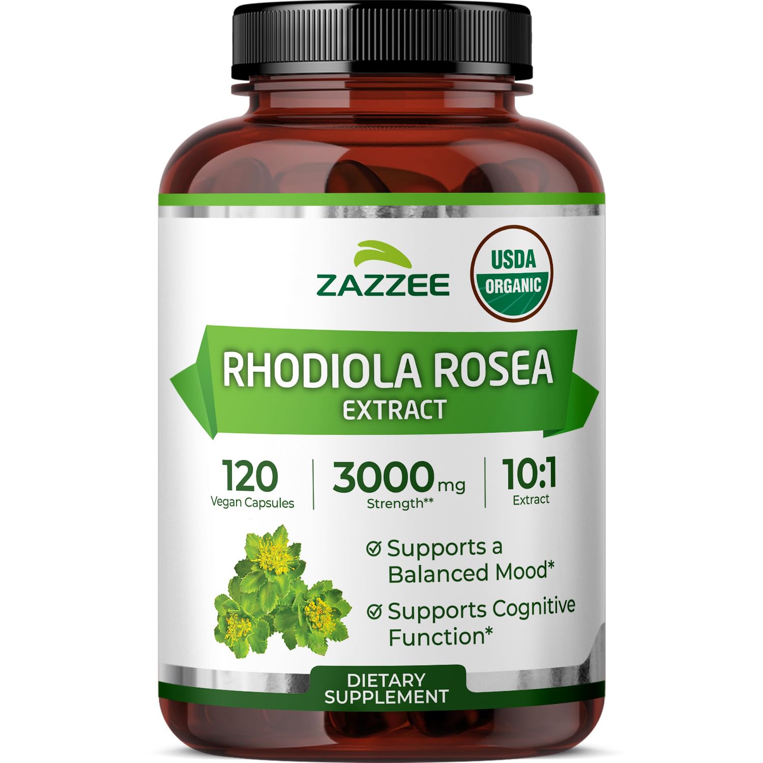Bouteille Zazzee Rhodiola montrant l'extrait 10x et concentration élevée.