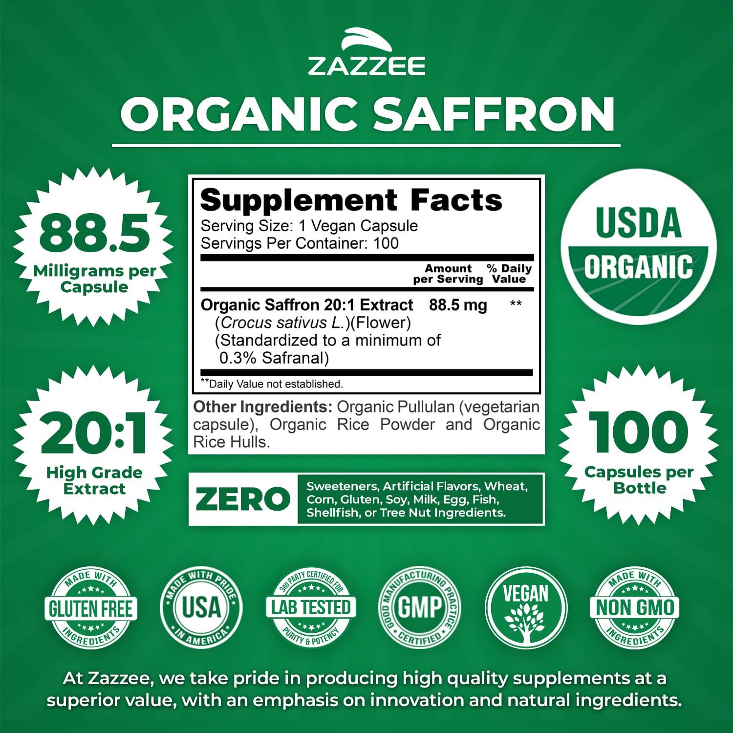 Étiquette Zazzee safran 20x – emballage clair et informatif.