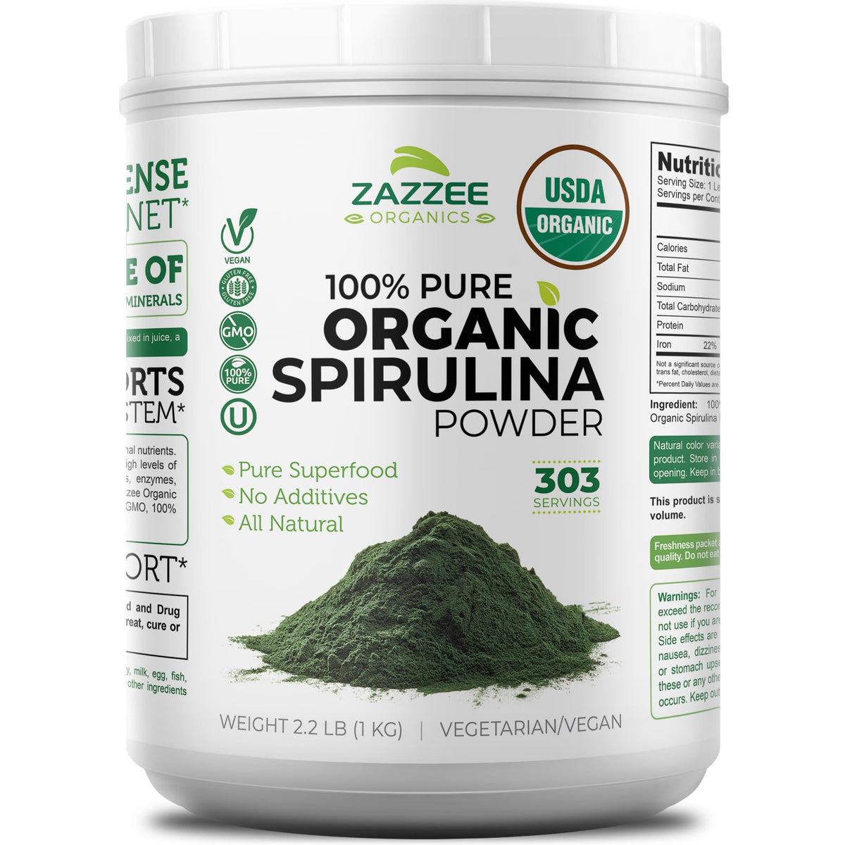 Zazzee spiruline bio, bocal ouverture large facilite le dosage sans déversement.