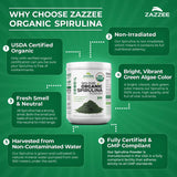 Zazzee spiruline bio, certifiee USDA, garantie qualité et pureté.