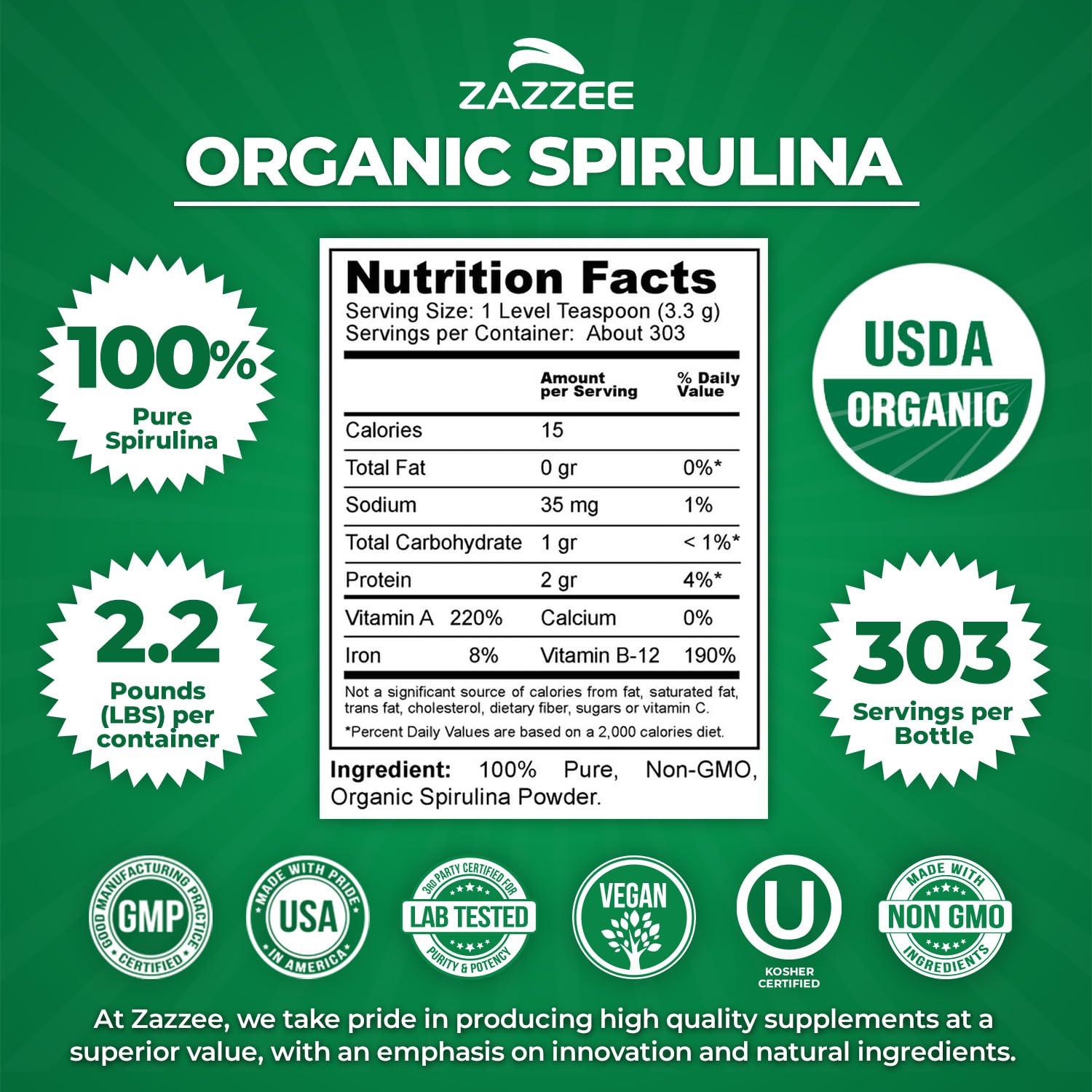 Zazzee spiruline bio, cuillere niveau, dosage precis pour vos smoothies.