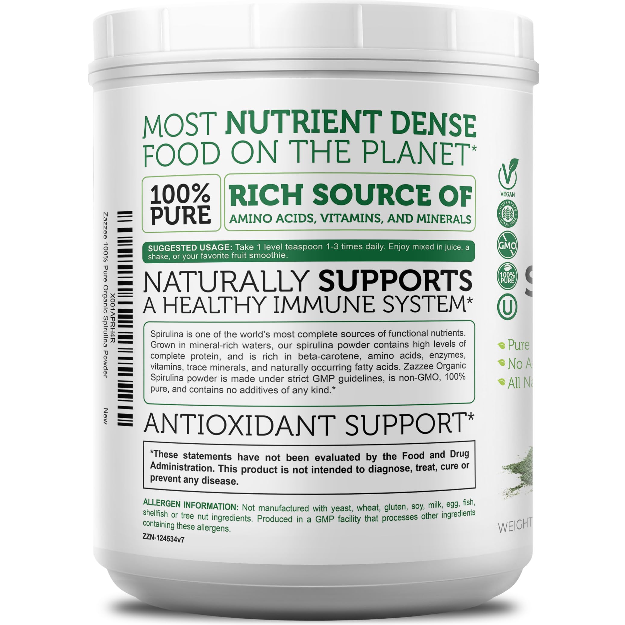 Zazzee spiruline bio, produite aux USA, traçabilité et sécurité.