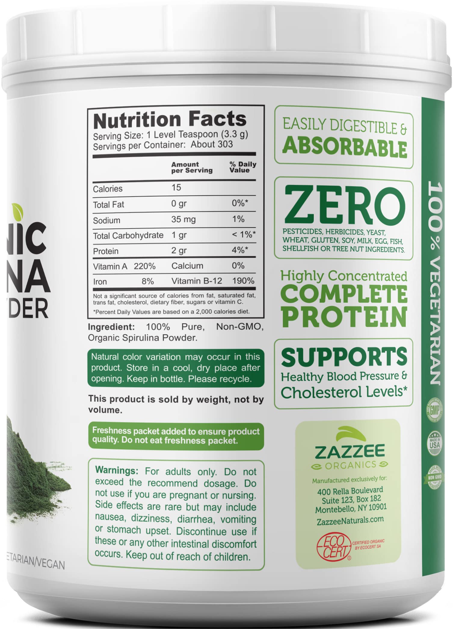 Zazzee spiruline bio, sans additifs, composition simple.