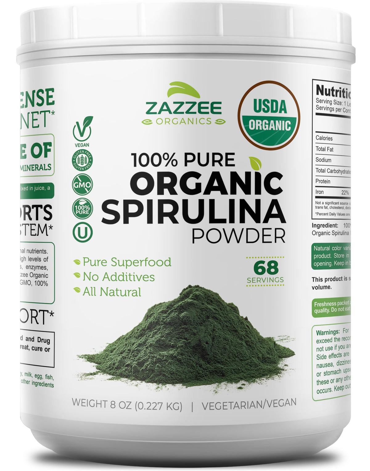 Spiruline Zazzee biologique en bocal 8 oz, pratique pour un apport quotidien.