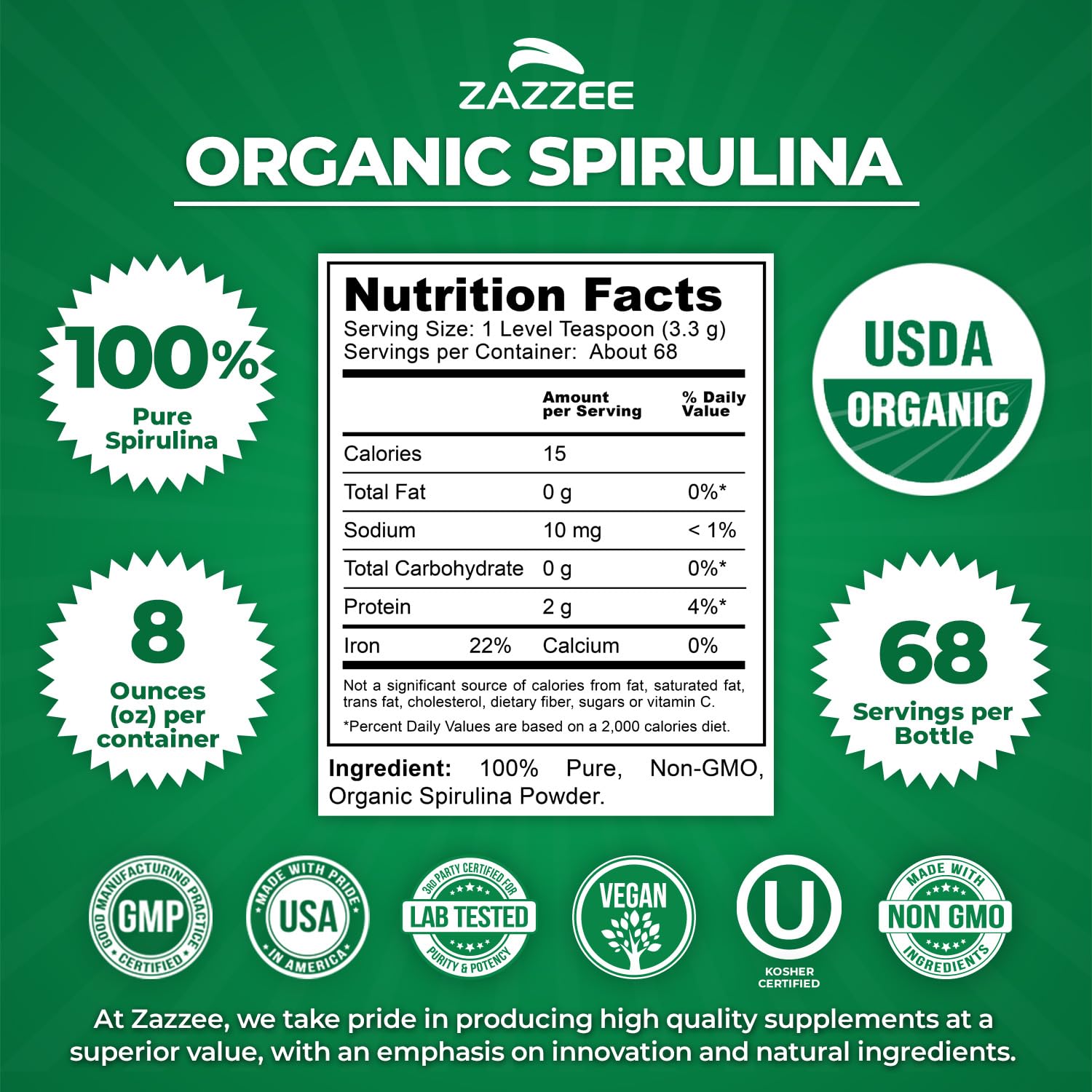 Poudre Zazzee Spiruline en cuillère doseuse, dosage précis pour smoothies.