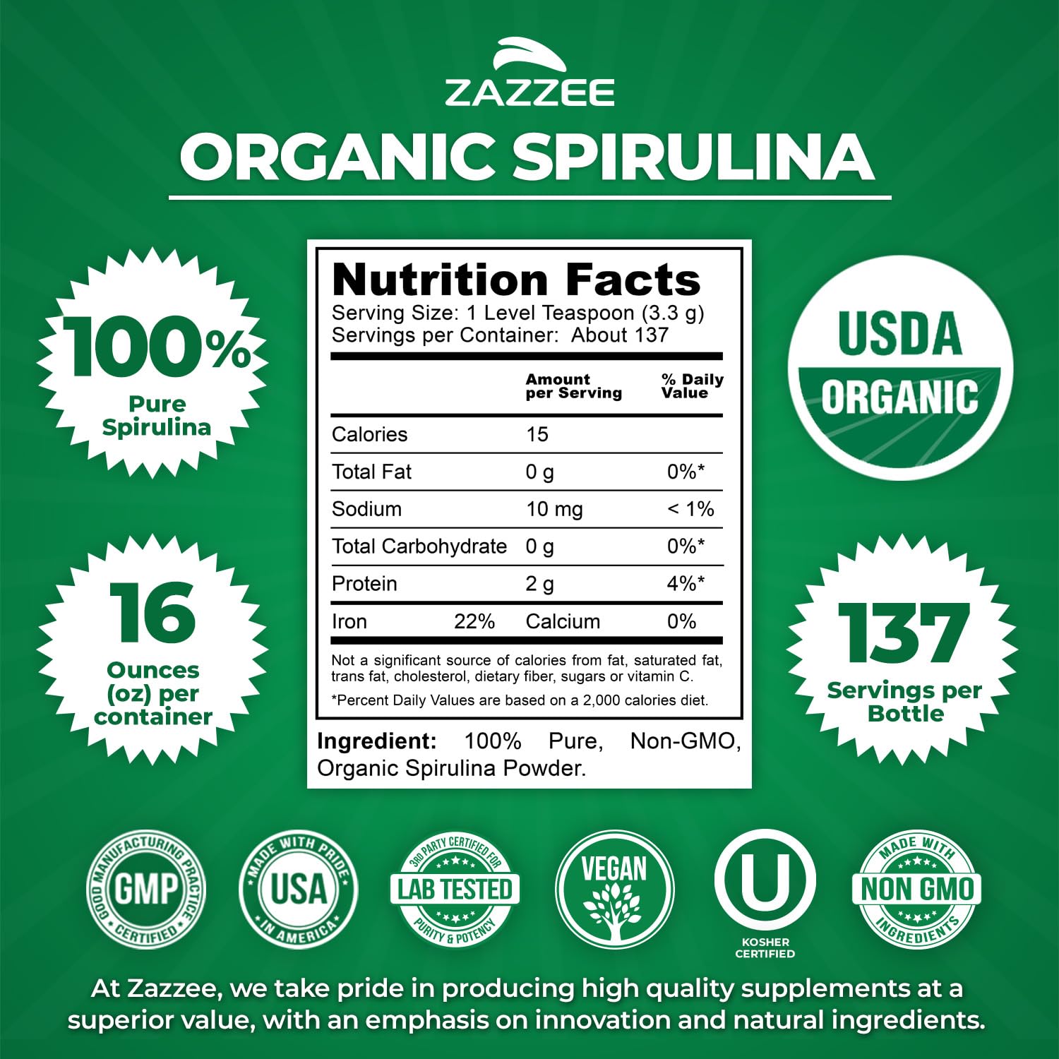 Zazzee Spiruline poudre, odeur fraîche prête à être ajoutée à vos boissons