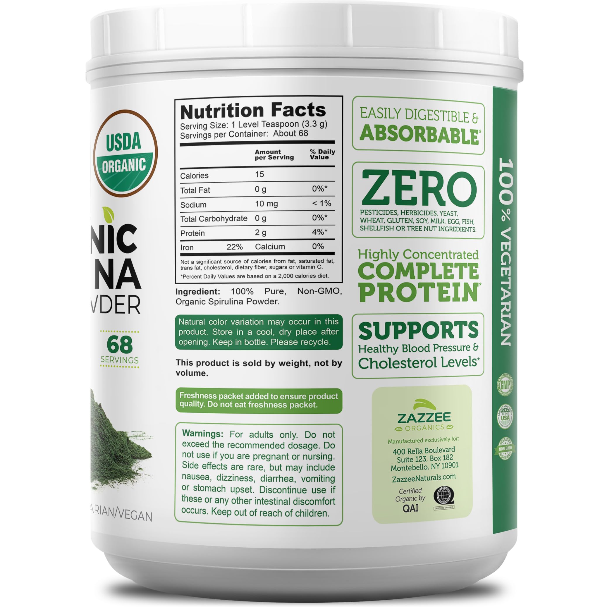 Sans additifs et sans gluten, spiruline Zazzee respecte vos choix.