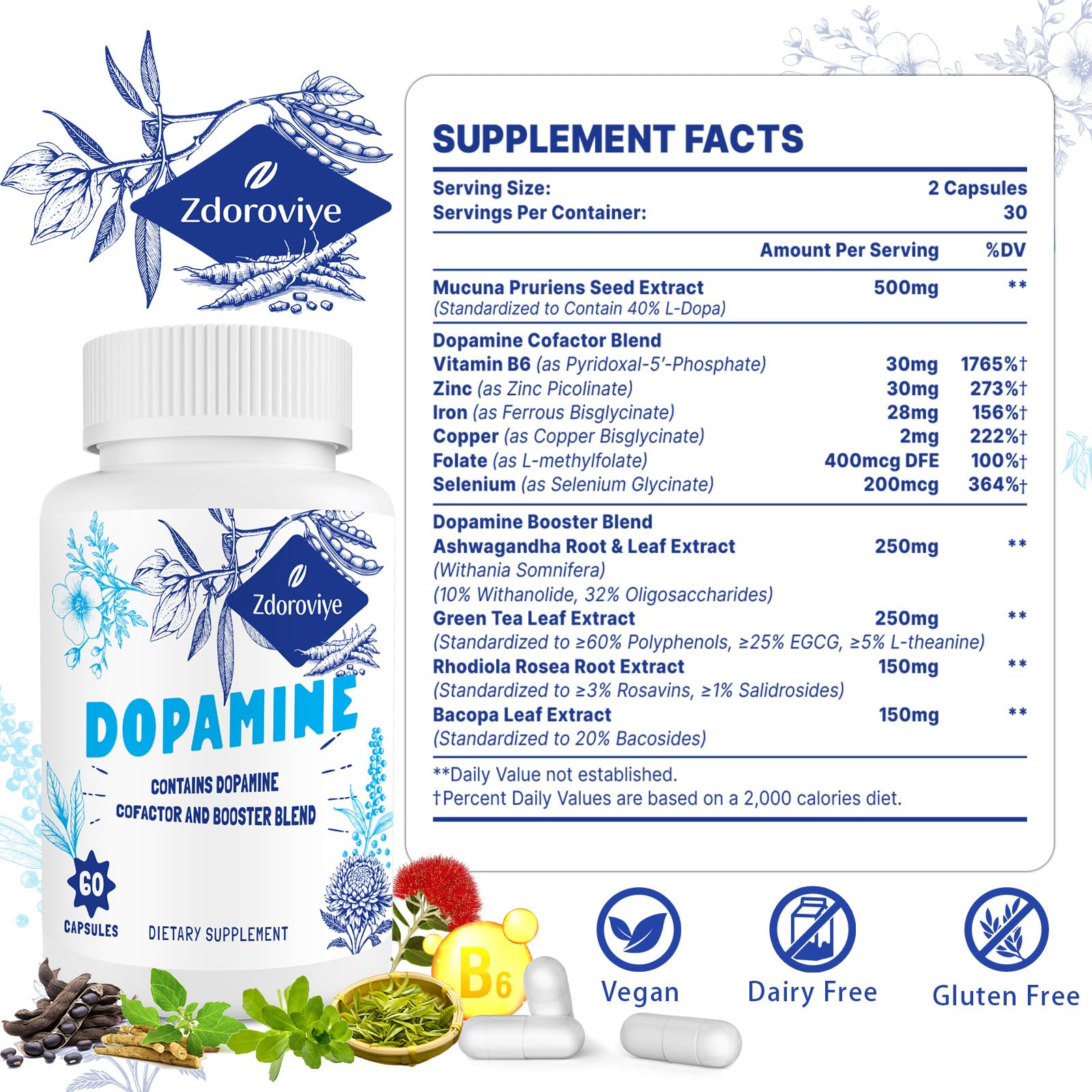 Zdoroviye Dopamine: extrait Mucuna Pruriens 40% L-DOPA, soutien potentiel pour l'énergie.
