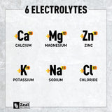 Zeal Electrolyte-bcaas-ingredients, contient des BCAAs et des électrolytes pour la récupération.