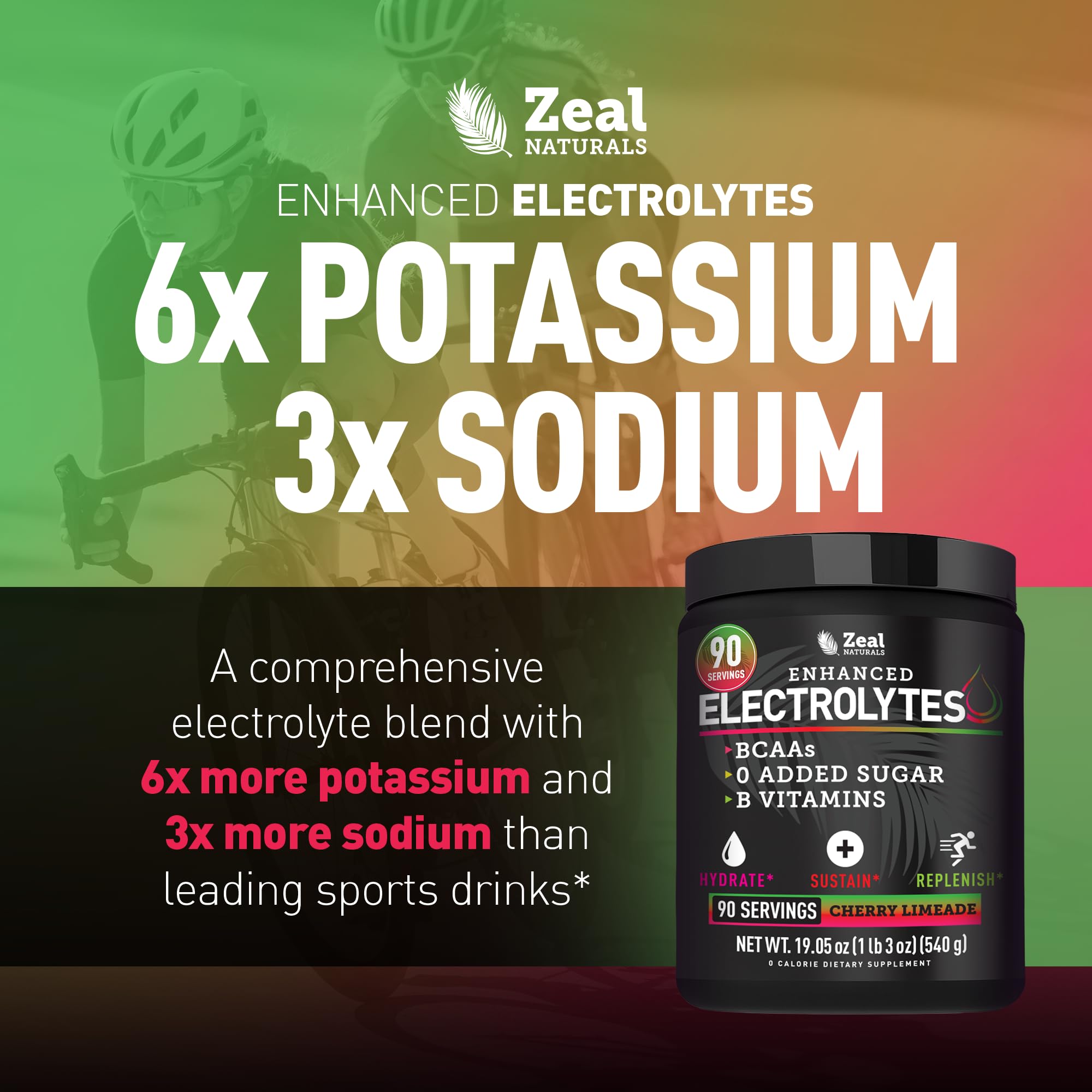 Zeal Electrolyte Powder ingrédients, mélange riche en BCAAs et vitamines B.