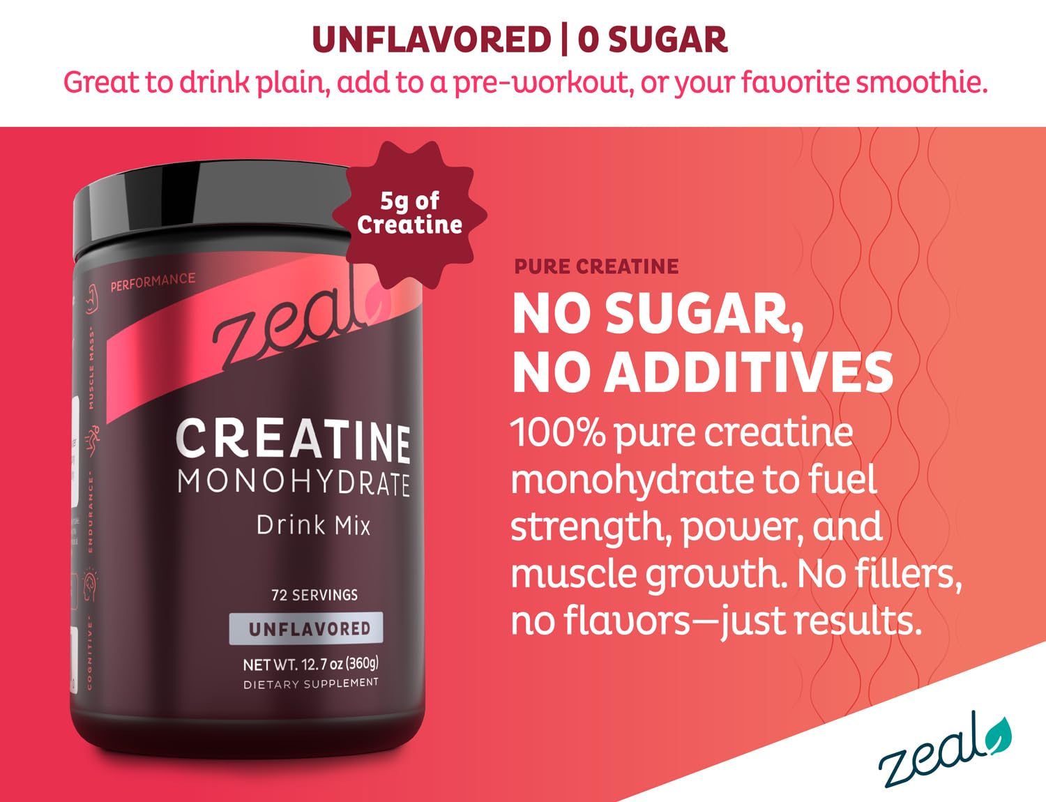 Zeal Naturals Créatine Monohydrate, doseur 5 g, mesure précise après l’entraînement.