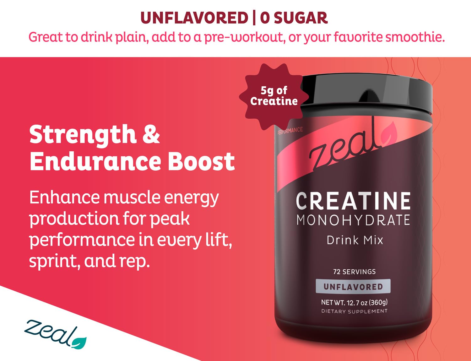 Zeal Naturals Créatine Monohydrate, mélange eau, pour booster l’endurance lors d’efforts intenses.