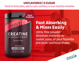 Zeal Naturals Créatine Monohydrate, flacon conforme aux normes GMP américaines.