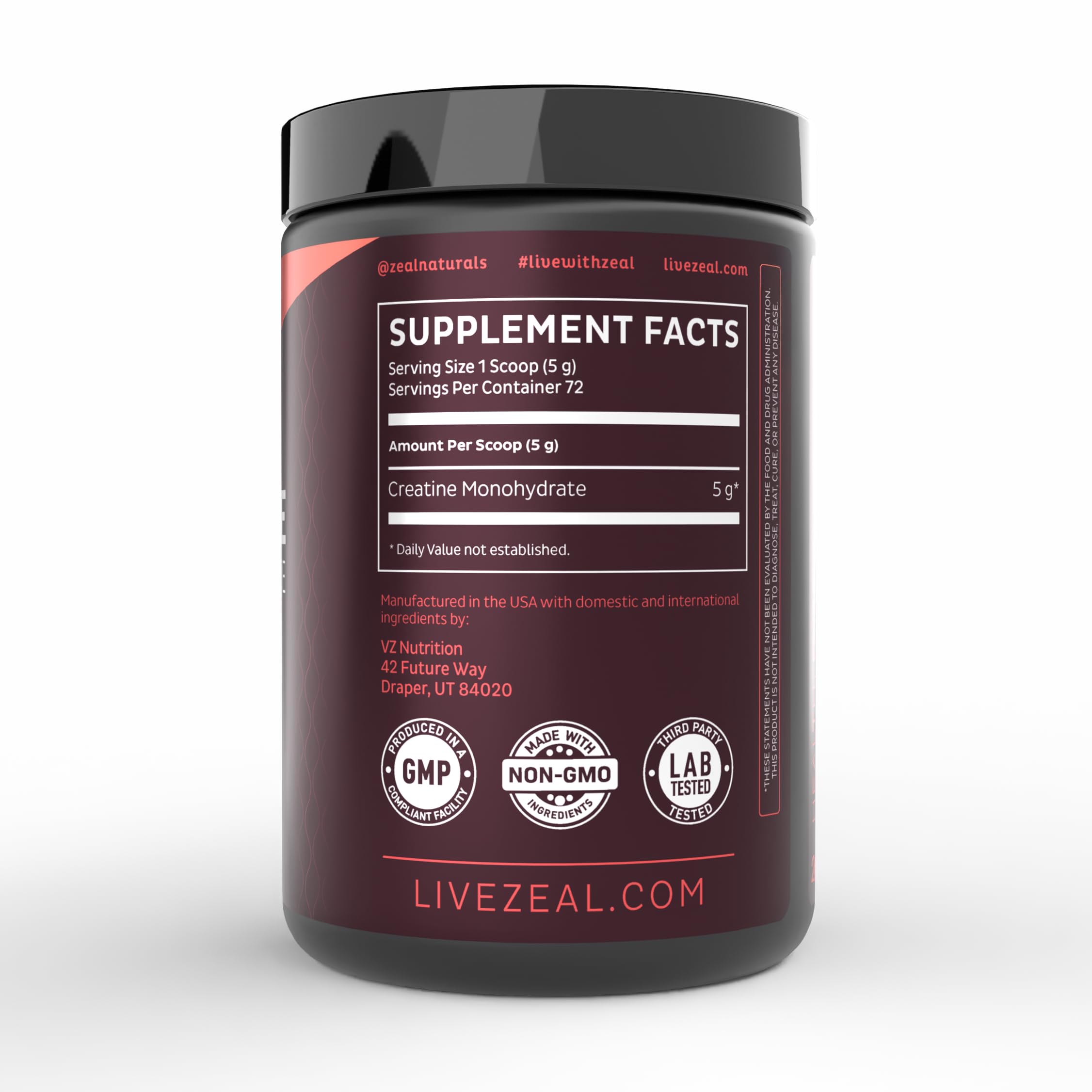 Zeal Naturals Créatine Monohydrate, laboratoire tiers vérifié pour qualité et sécurité.
