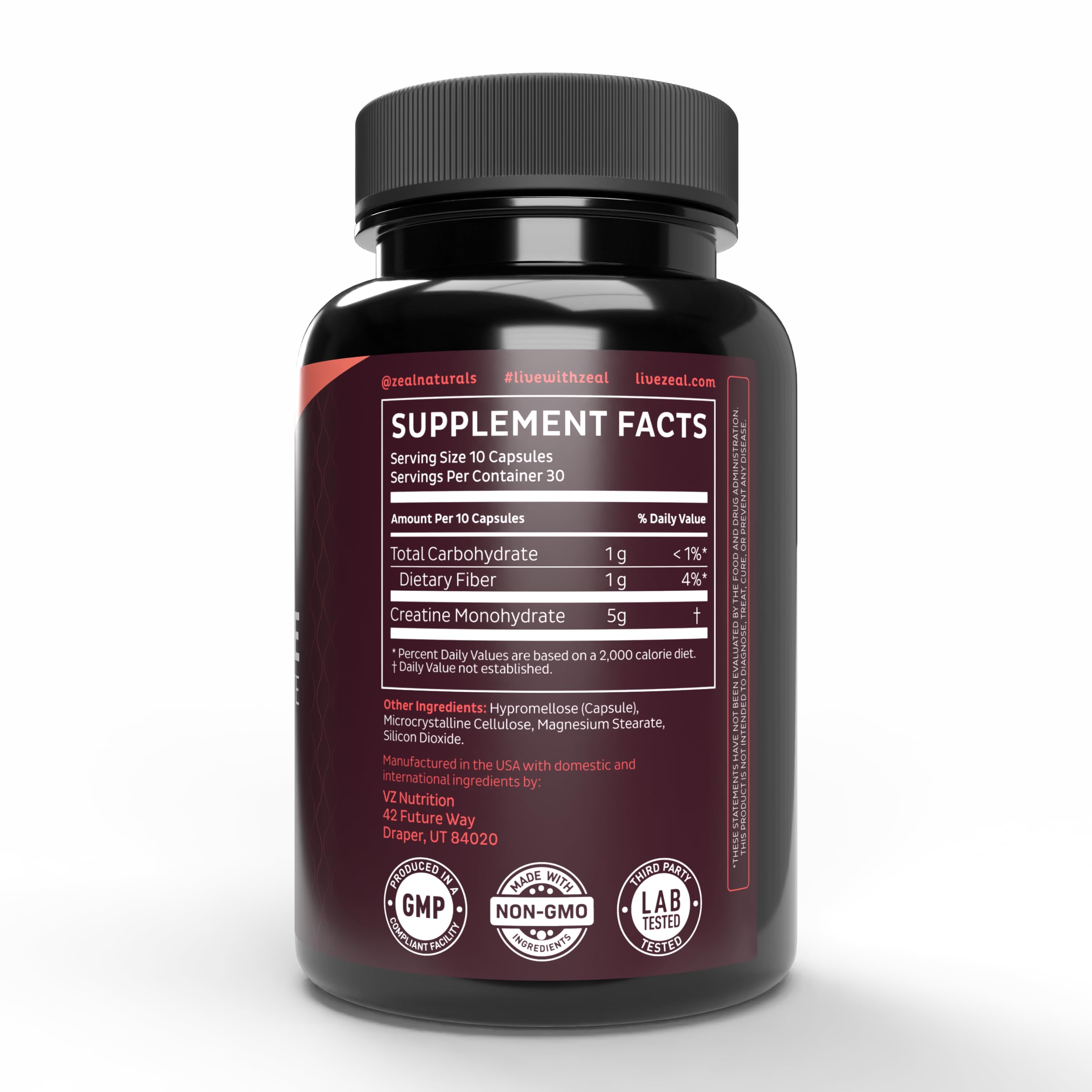 Zeal Naturals Creatine Monohydrate: panneau arrière clair et informations rapides
