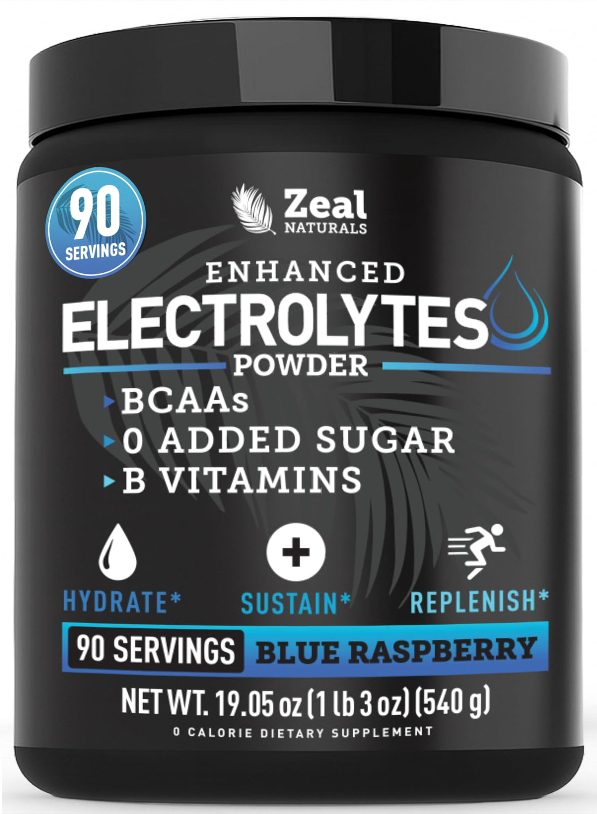 Zeal Naturals Électrolyte en poudre, bouteille bleue, hydratation prolongée sans sucre.