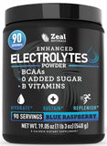 Zeal Naturals Électrolyte en poudre, bouteille bleue, hydratation prolongée sans sucre.
