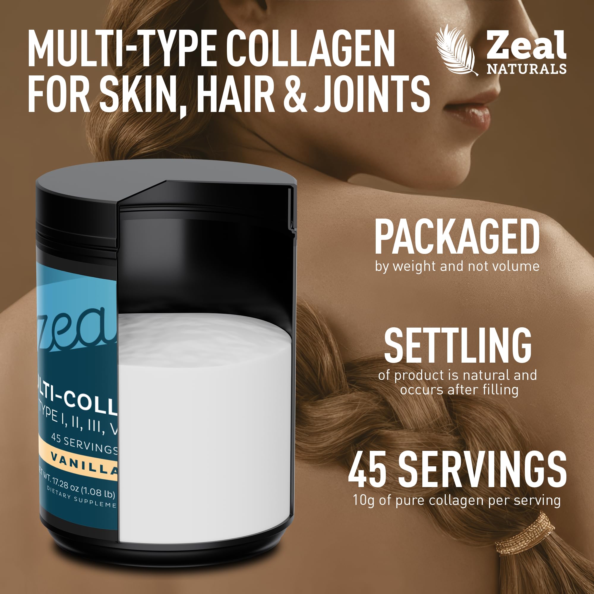 Poudre Zeal Naturals vanille, se diluant facilement dans smoothies.