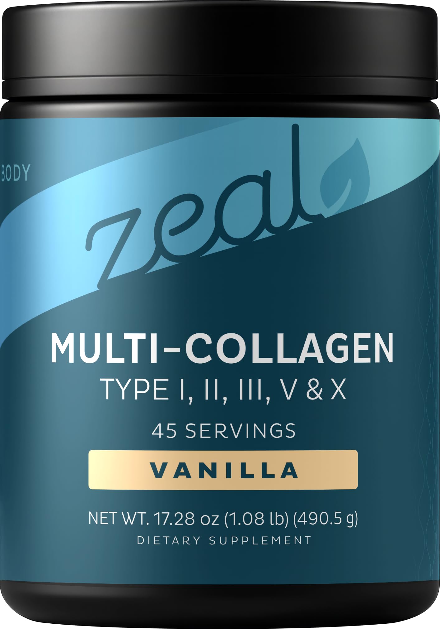 Zeal Naturals Multi-Collagène vanille en bouteille, idéal pour cheveux et peau.