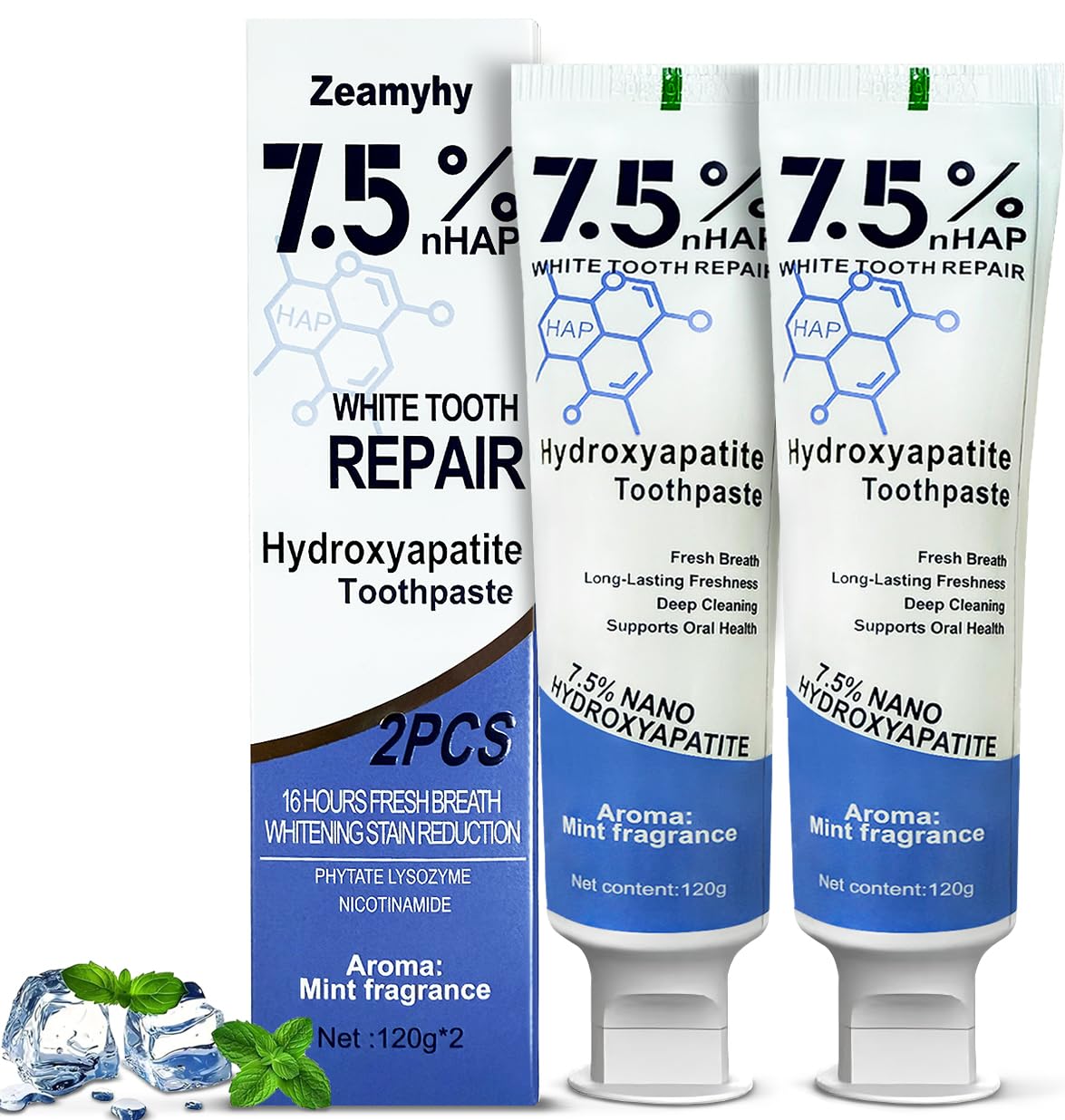 Zeamyhy dentifrice hydroxyapatite montrant l'emballage élégant pour l'émail.