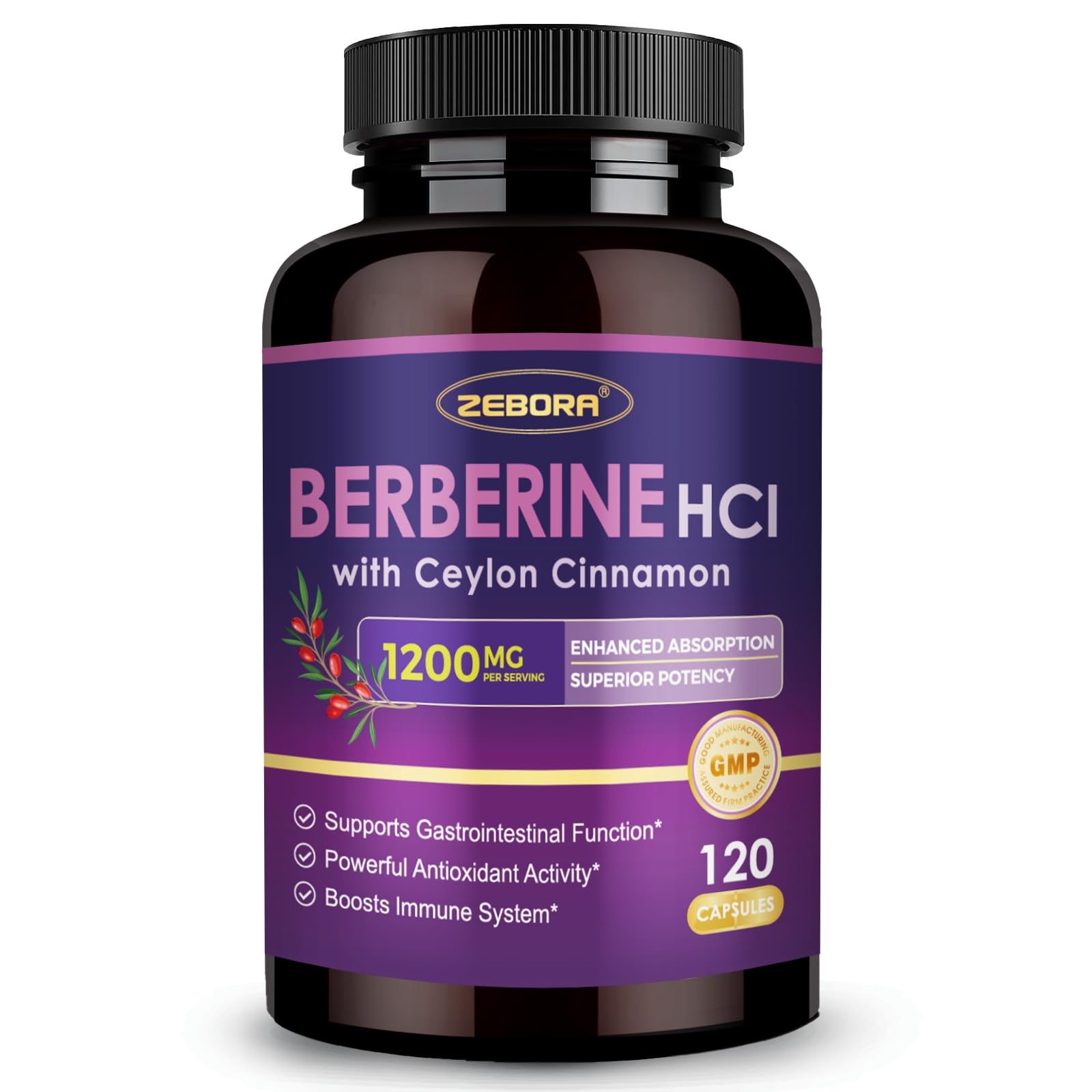 Gélules ZEBORA Berberine HCL dans le flacon, pratique pour le bien-être quotidien.