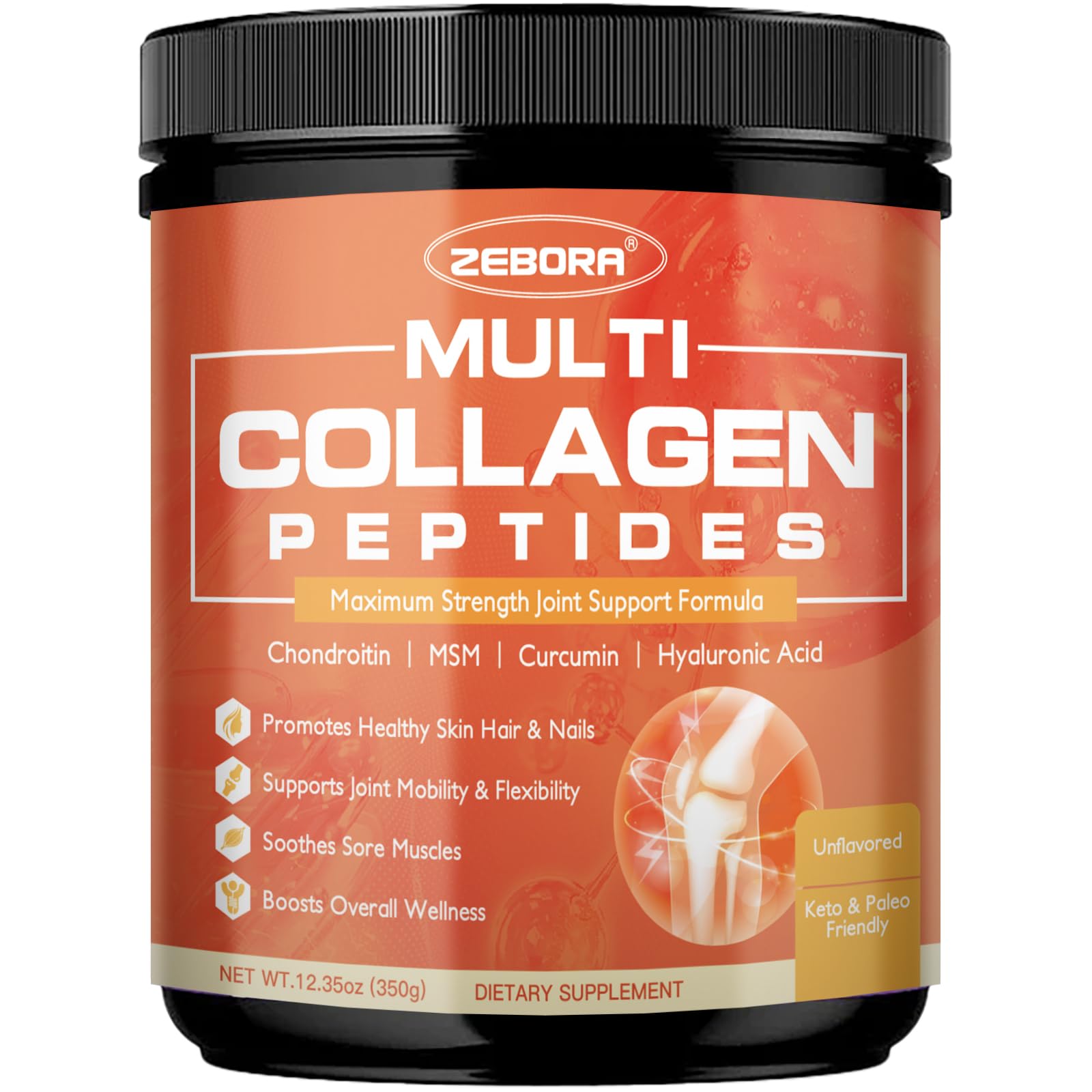 ZEBORA Poudre Collagène Multi : bouteille et présentation suggérant soutien articulaire et éclat cutané.