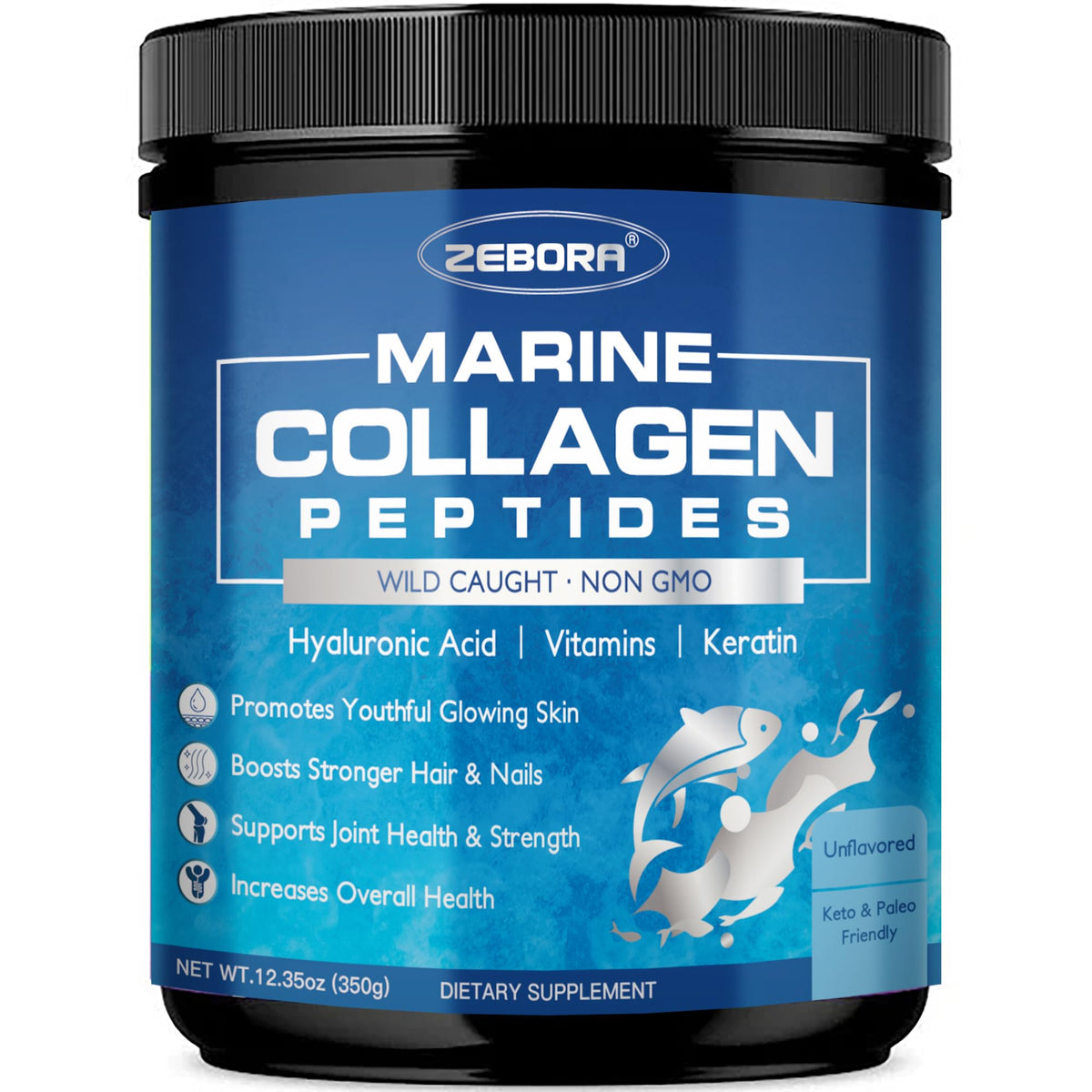 ZEBORA Collagène Marin en poudre dans la bouteille, favorise l'éclat de la peau