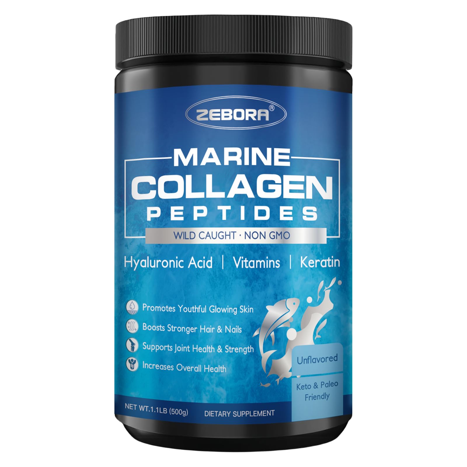 ZEBORA Collagene marin poudre, portion facile, soutien potentiel pour peau et cheveux.