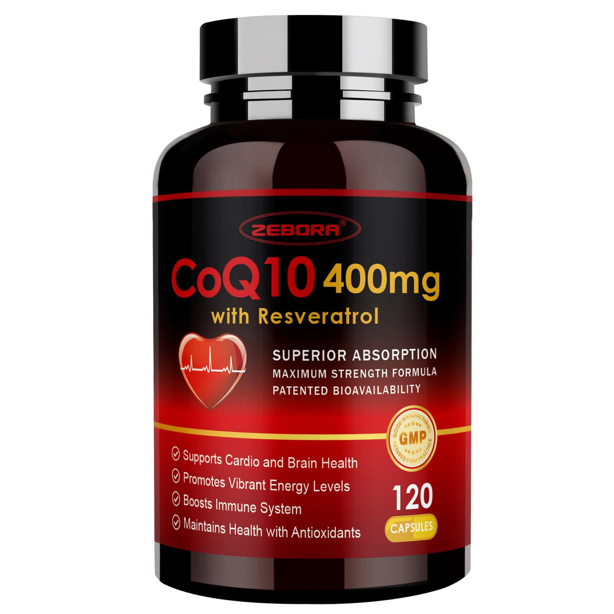 ZEBORA CoQ10 400 mg dans une bouteille, capsules véganes pour énergie quotidienne.