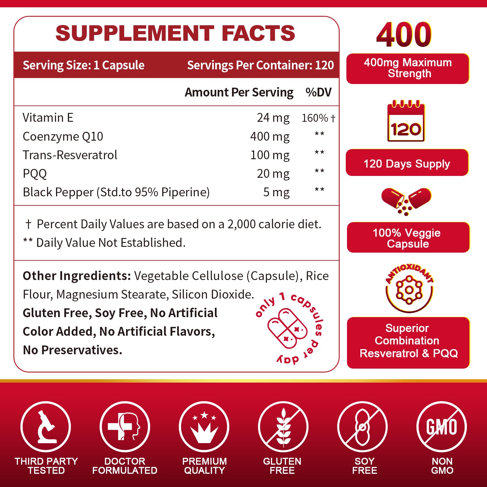 Étiquette du produit ZEBORA CoQ10 400 mg avec informations qualité.