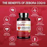 Étiquette Zebora CoQ10 600 mg avec informations claires sur les ingrédients.