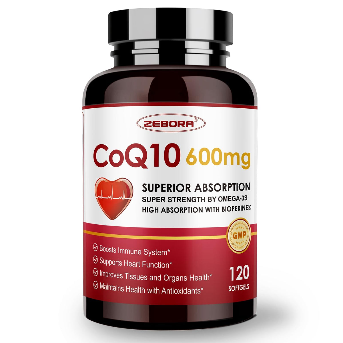 Boîte Zebora CoQ10 600 mg montrant les gélules molles pour une utilisation quotidienne.