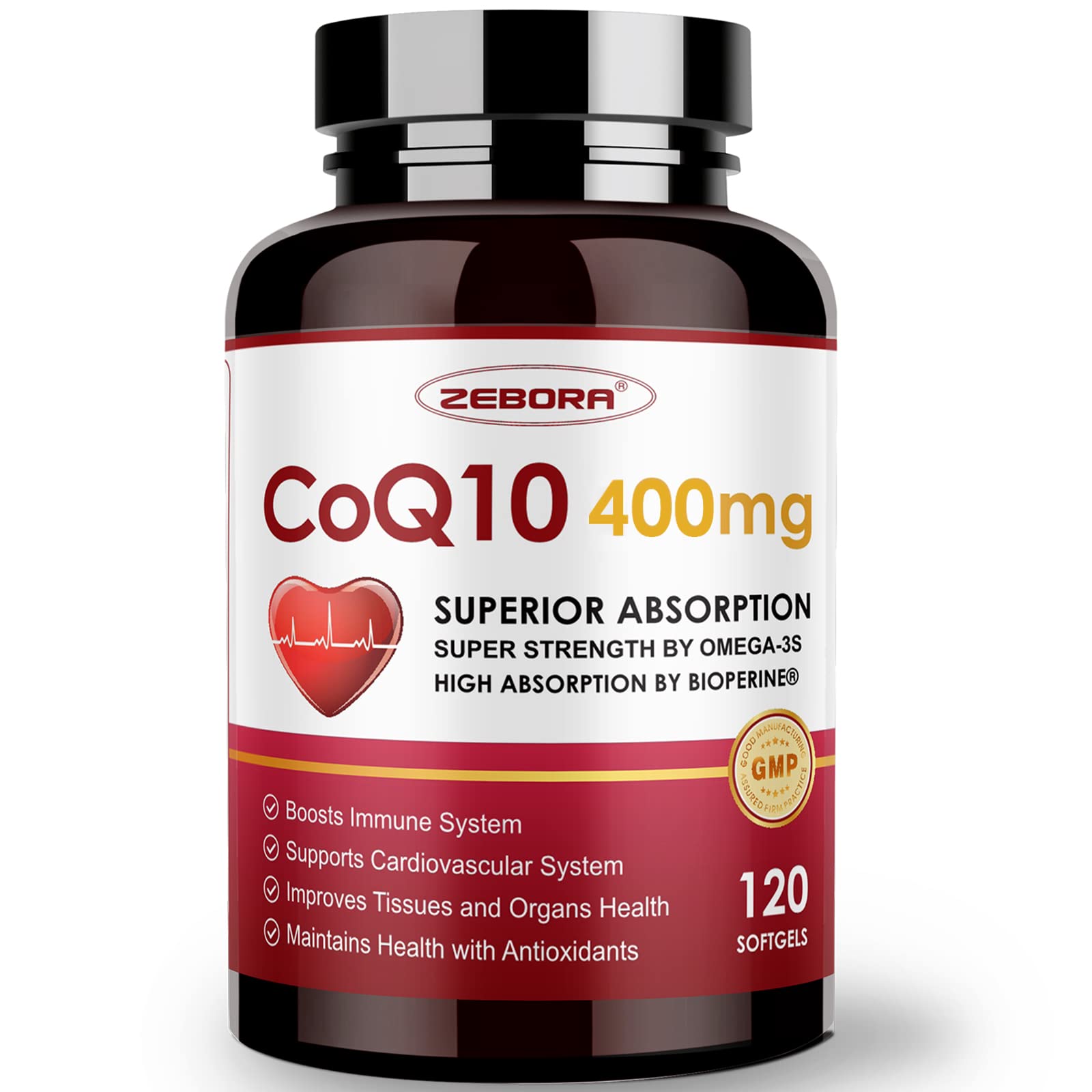 ZEBORA CoQ10 softgels dans flacon, énergie et soutien cardiaque potentiels.