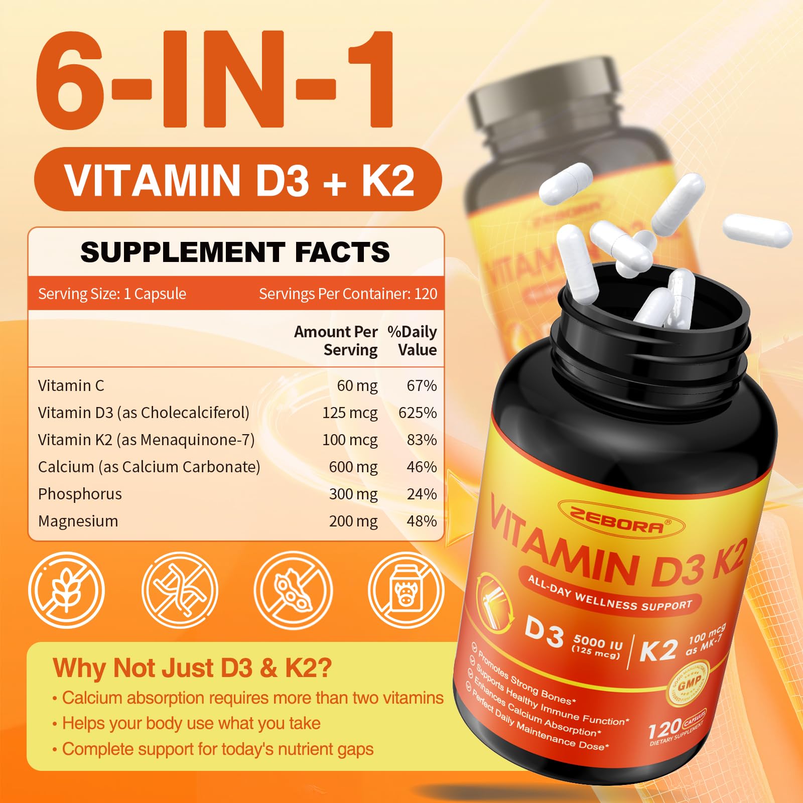 ZEBORA D3K2 - Etiquette affichant le dosage et les bénéfices potentiels.