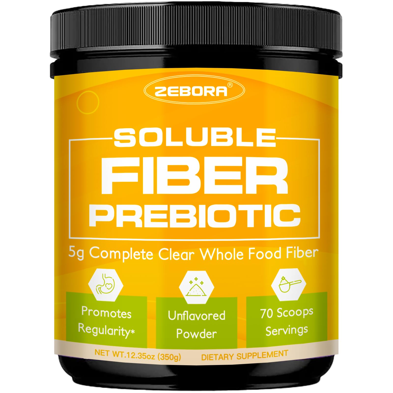 ZEBORA Poudre fibre prébiotique en emballage, facile à ranger et utiliser.