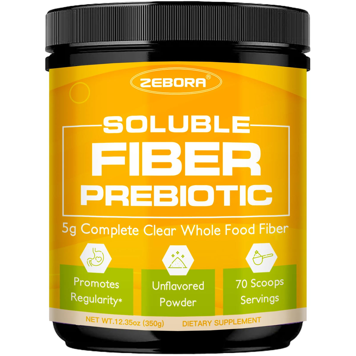 ZEBORA Poudre fibre prébiotique en emballage, facile à ranger et utiliser.