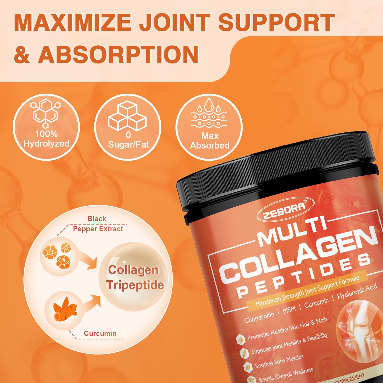 ZEBORA Poudre Collagène Multi avec ingrédients sans OGM et sans gluten.