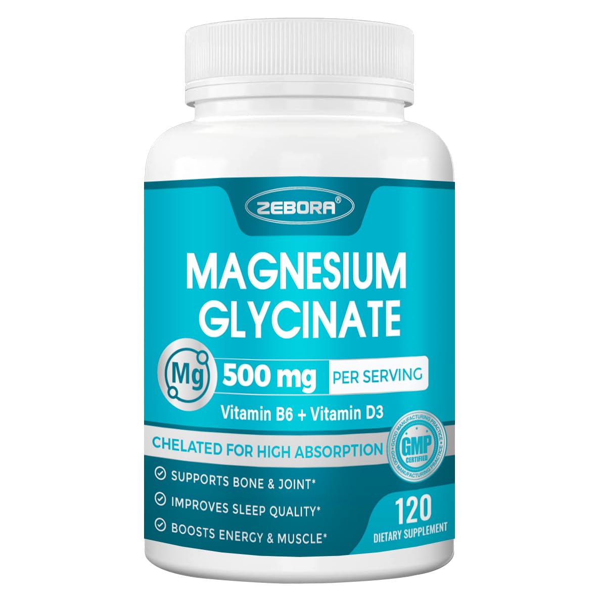 ZEBORA Magnésium Glycinate 500 mg — bouteille prête à l’emploi, absorption potentielle élevée pour le bien-être