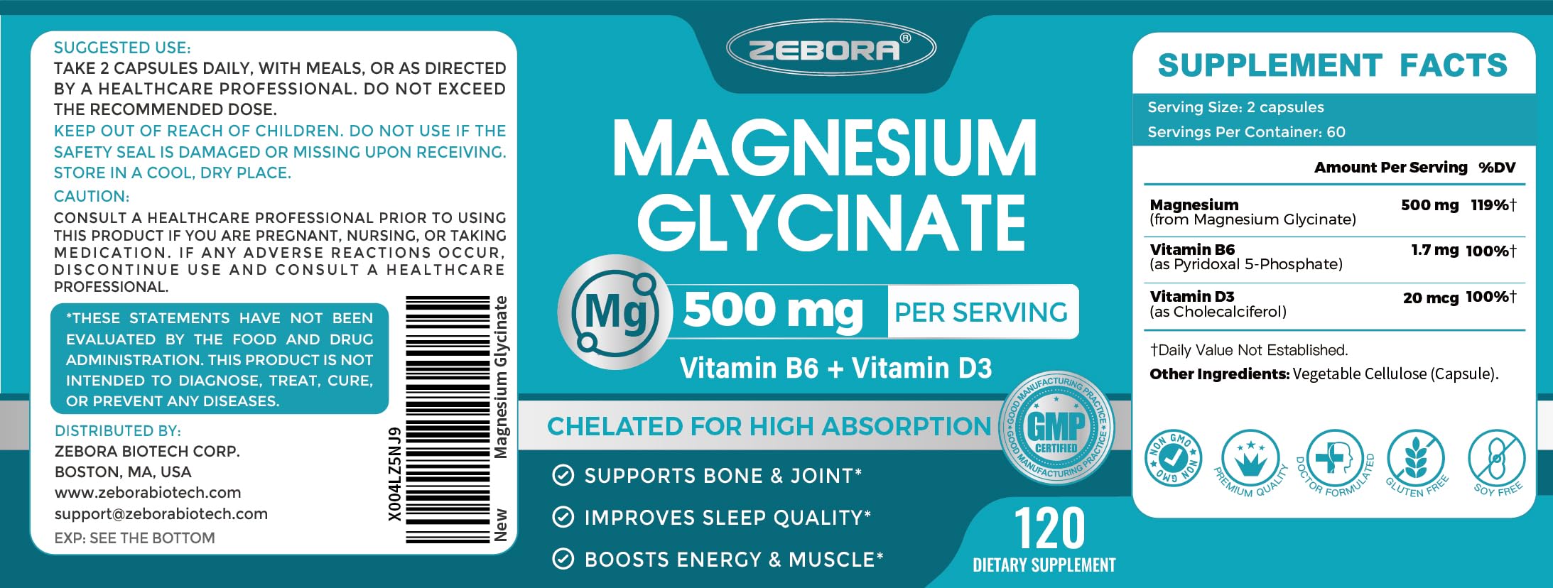 ZEBORA Magnésium Glycinate 500 mg — flacon compact, offre de bien-être durable