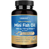 Gélules mini ZEBORA Omega-3 dans une bouteille compacte, faciles à avaler.