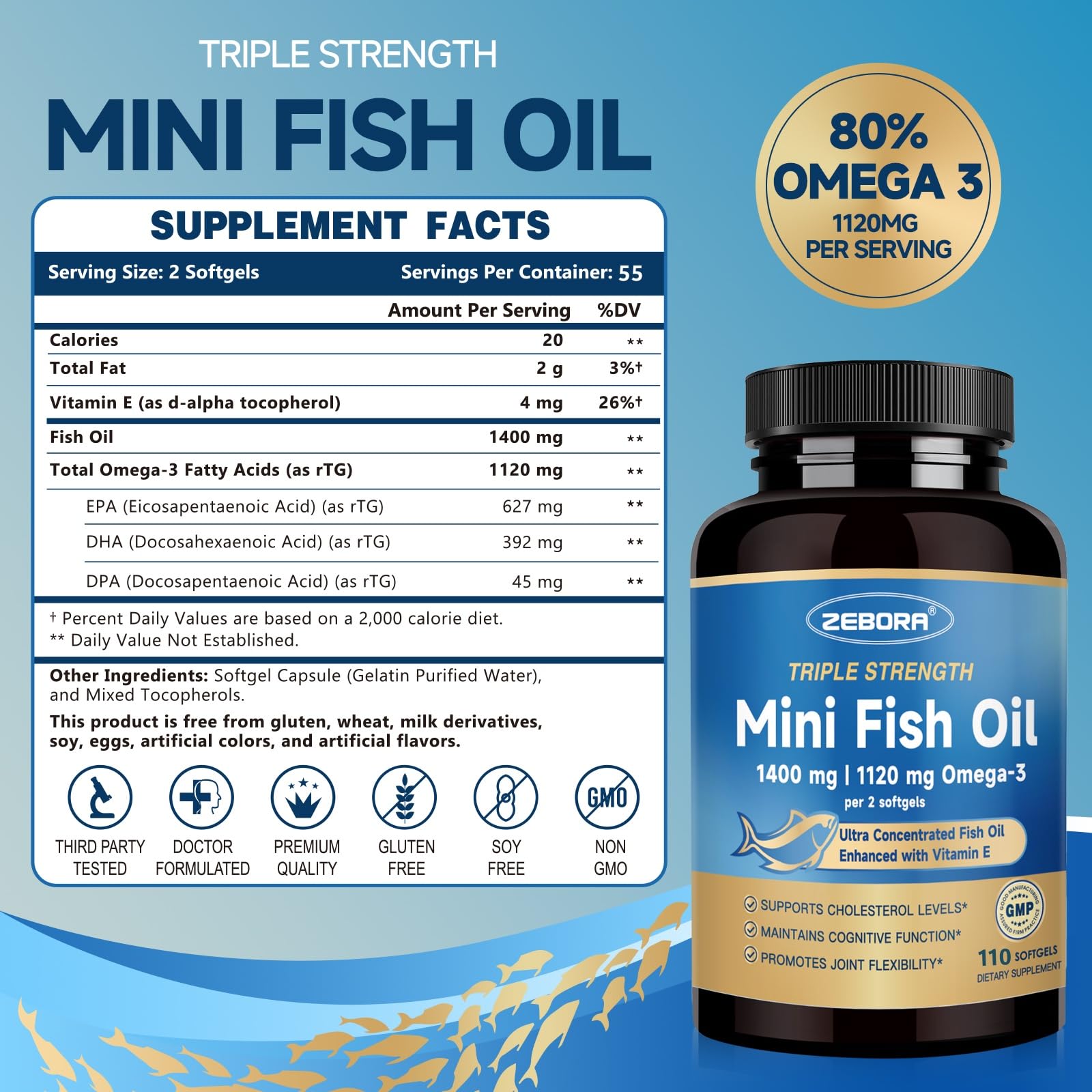 Capsules mini ZEBORA Omega-3, formulation rTG pour meilleure biodisponibilité.