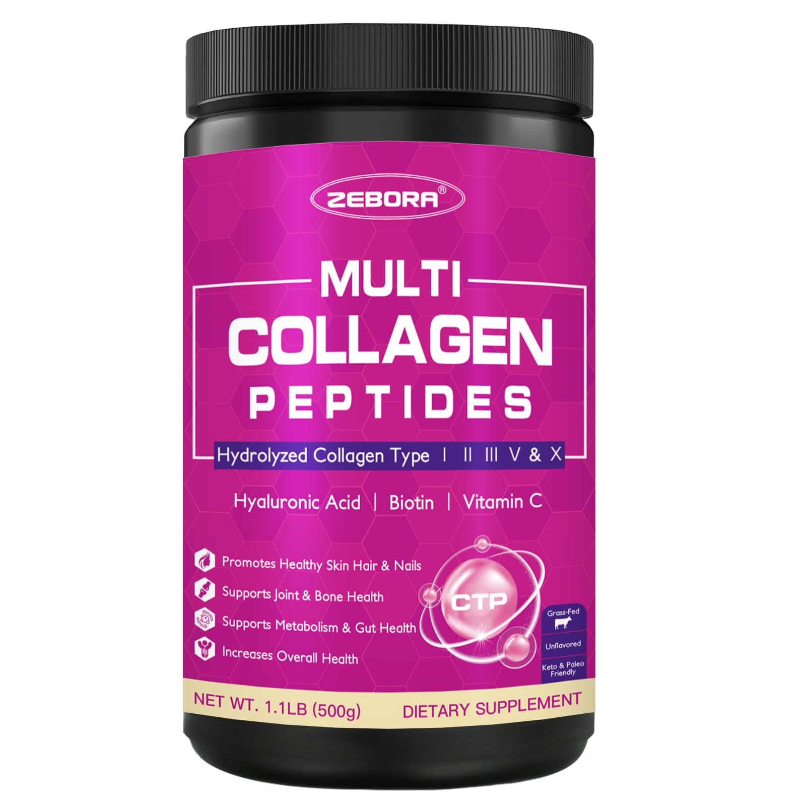 Poudre ZEBORA Collagène Multi dans la bouteille, soutien potentiel peau et cheveux.
