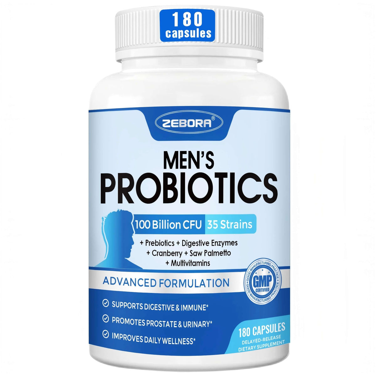 ZEBORA Probiotics pour homme — bouteille, soutien digestion potentiel