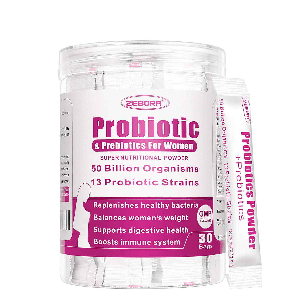 ZEBORA Probiorics femmes, bouteille de poudre 50 milliards CFU et 13 souches.