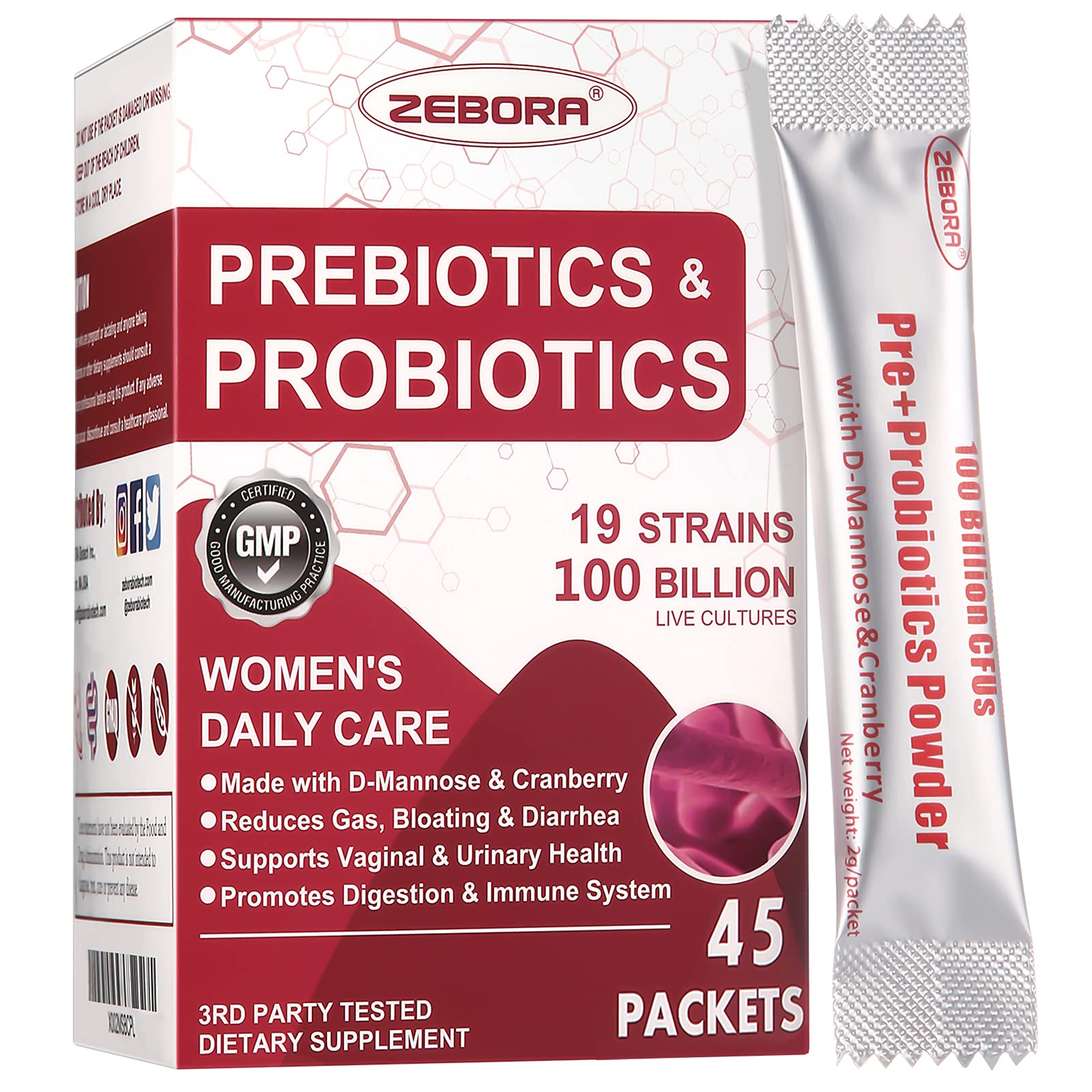 Bouteille Zebora Probiotiques pour femmes, soutien potentiel à une digestion équilibrée.