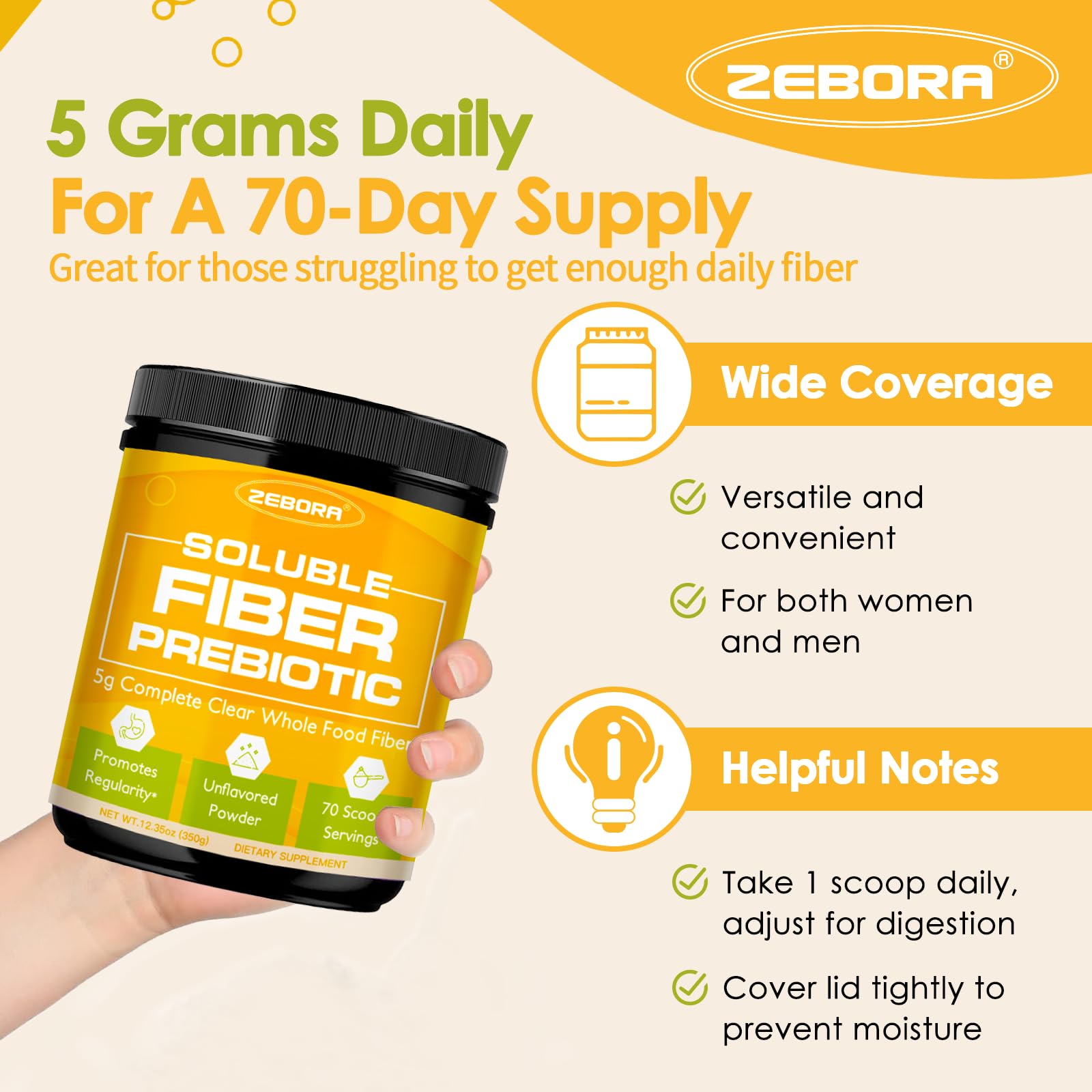 ZEBORA Sans sucre ajouté – fibre prébiotique sans calories vides.