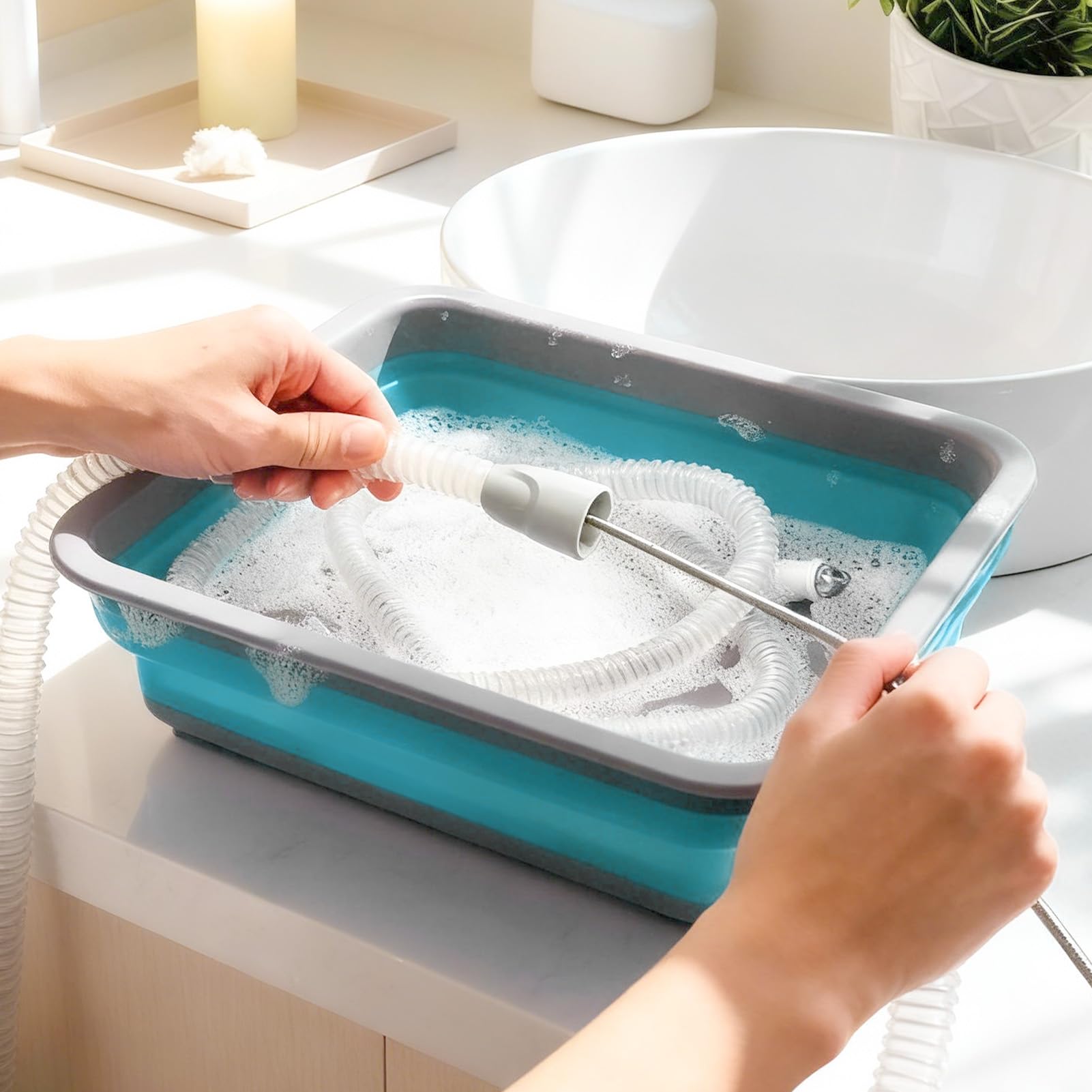 Zebrater bassine CPAP pliante, grand volume pour un lavage efficace.